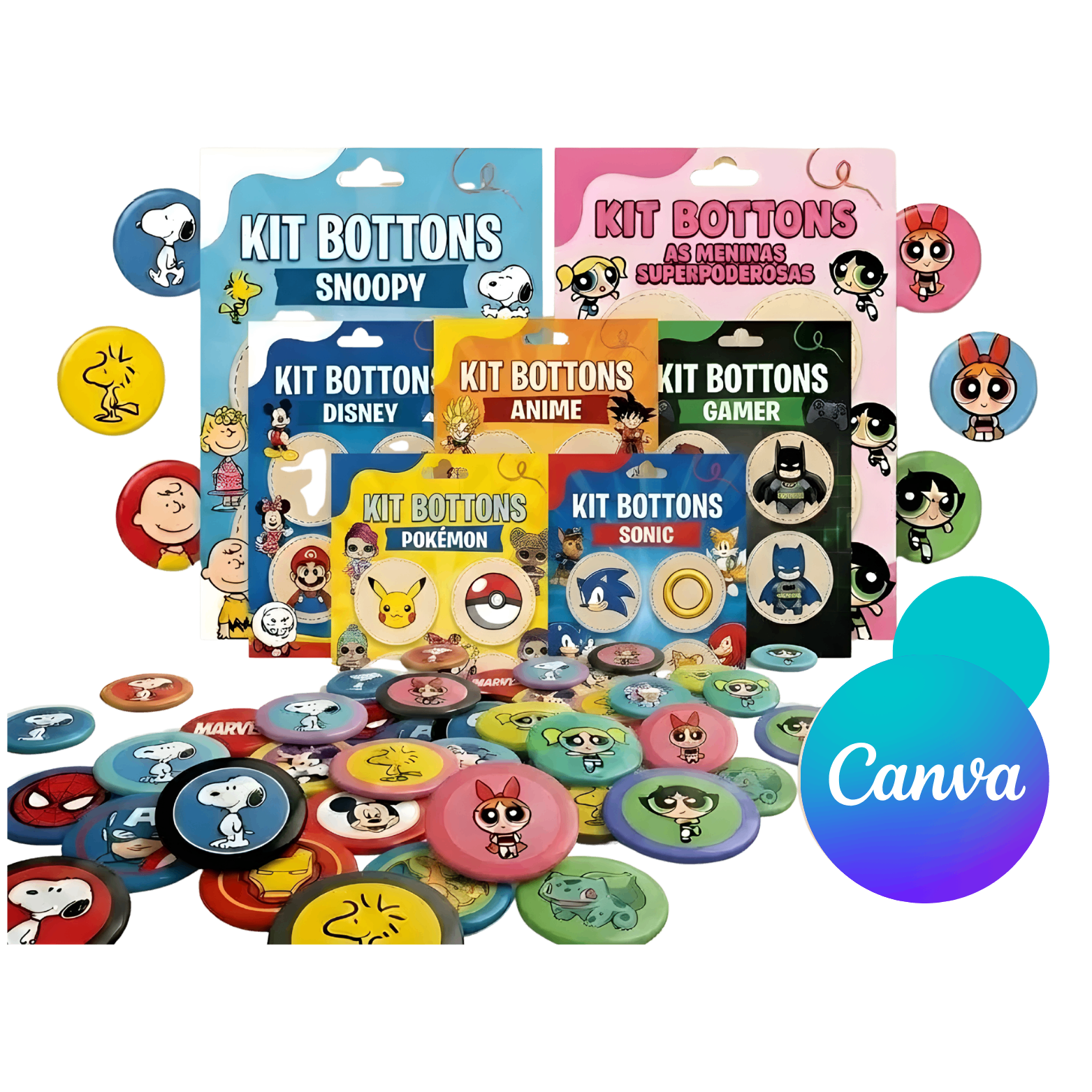 Kit de bottons personalizados - Snoopy, Disney, Anime, Gamer, Pokémon, Sonic e mais